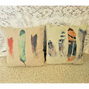 Water Color Indian Feathers Design 16" x16" Throw Pillow Cottage Core Country